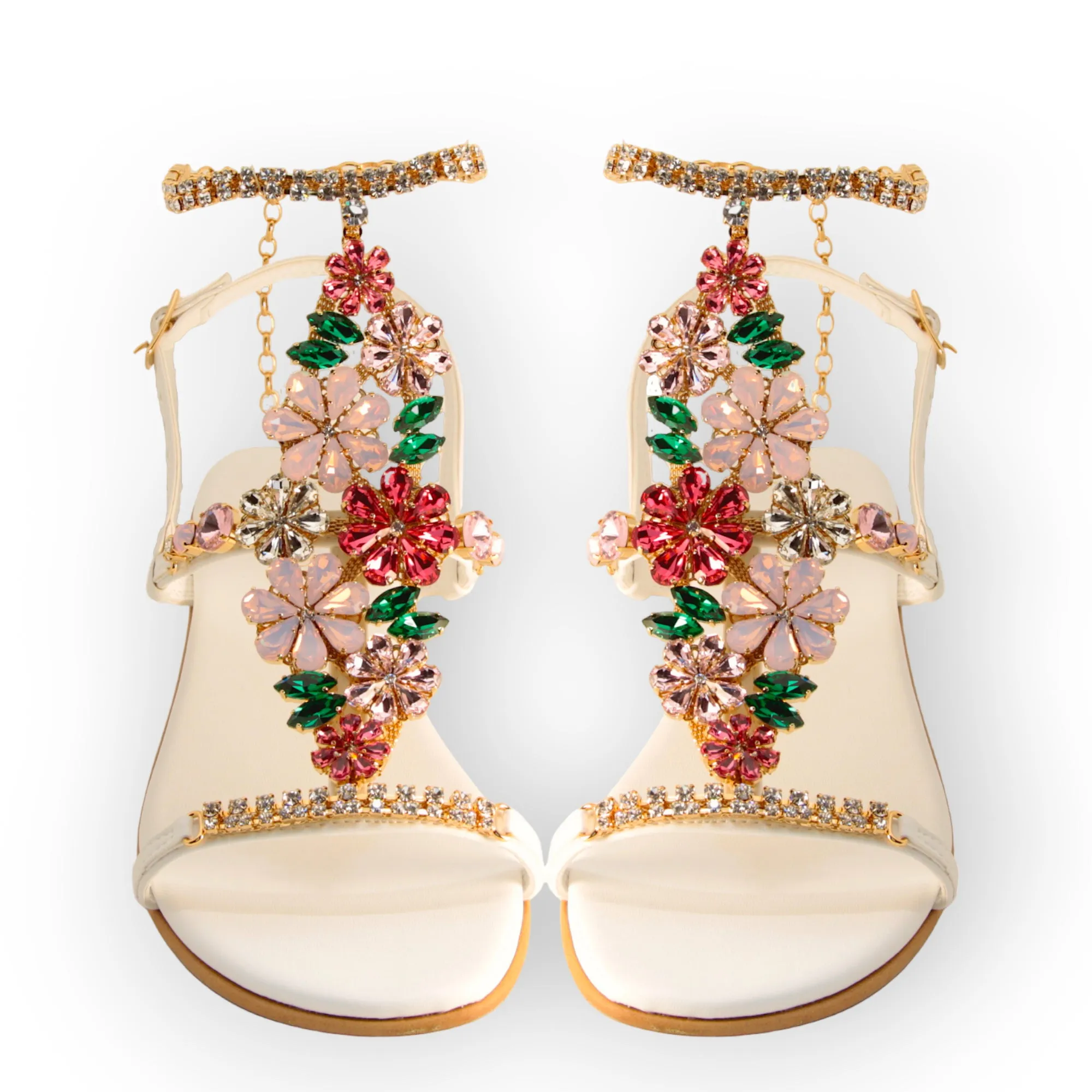 Jewel Sandals With Crystal Flowers Block Heel Bouquet