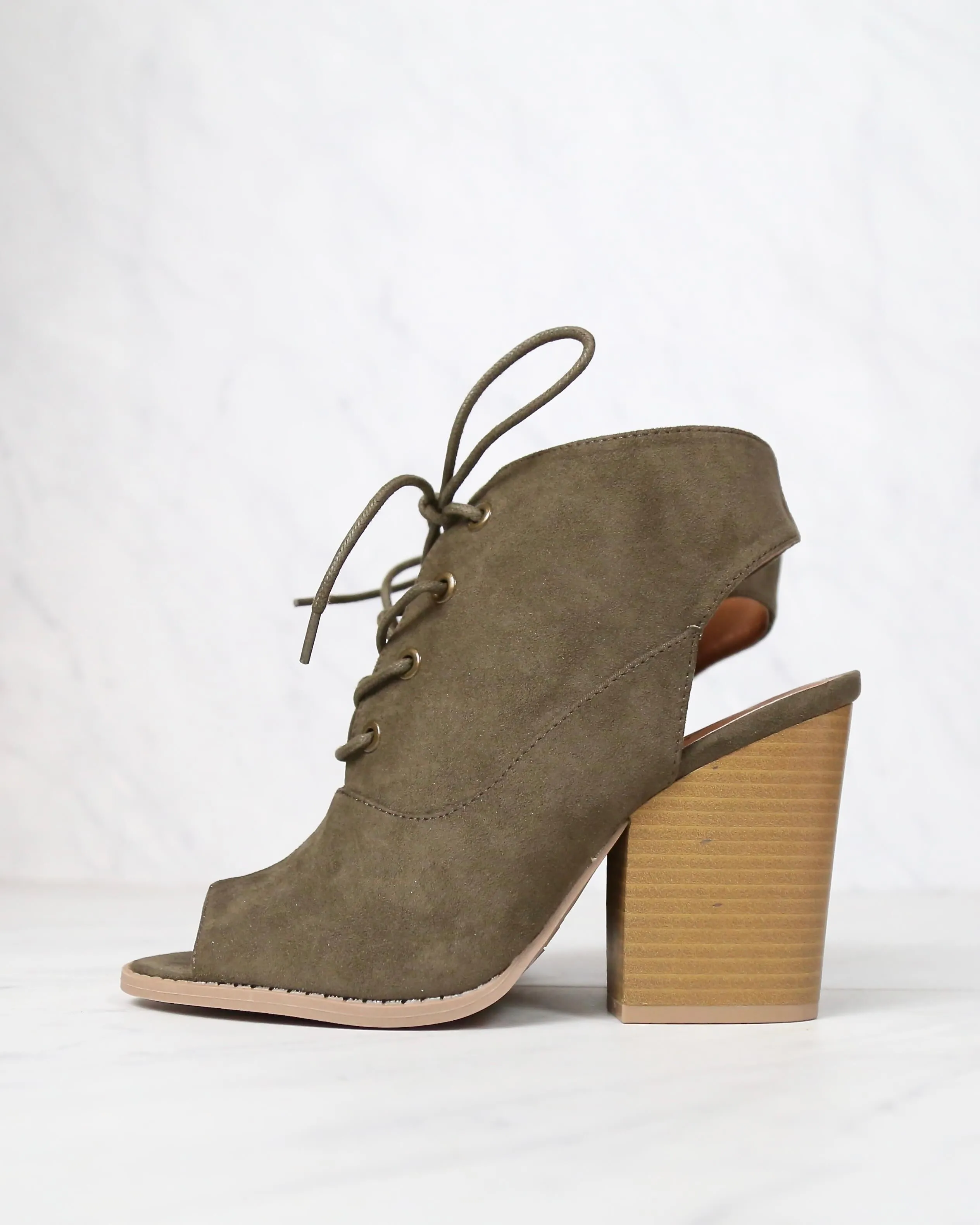 Khaki Adventure Lace Up Peep Toe Suede Booties - Final Sale