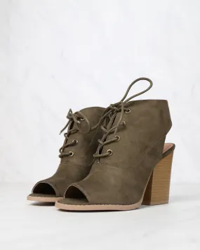 Khaki Adventure Lace Up Peep Toe Suede Booties - Final Sale