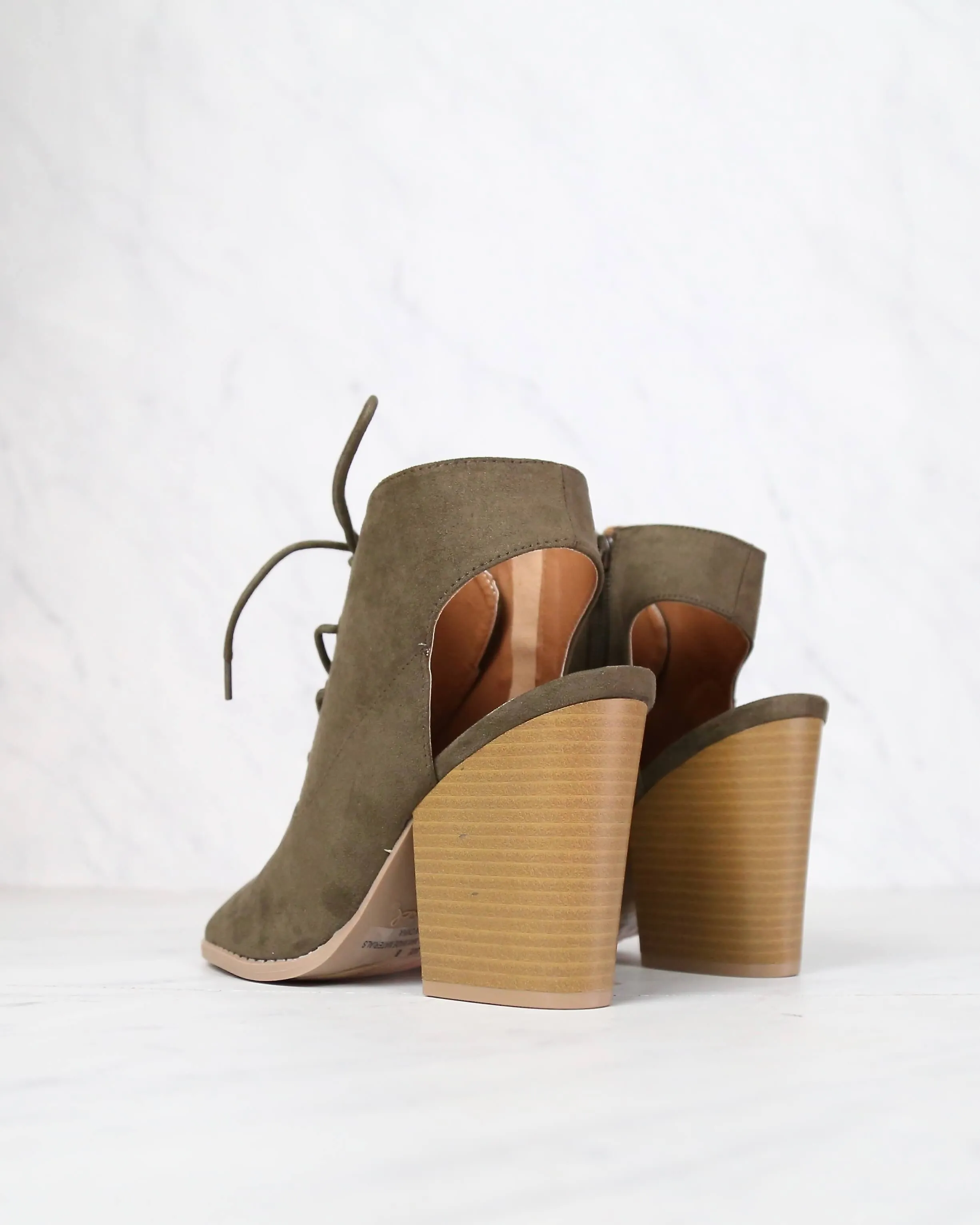 Khaki Adventure Lace Up Peep Toe Suede Booties - Final Sale