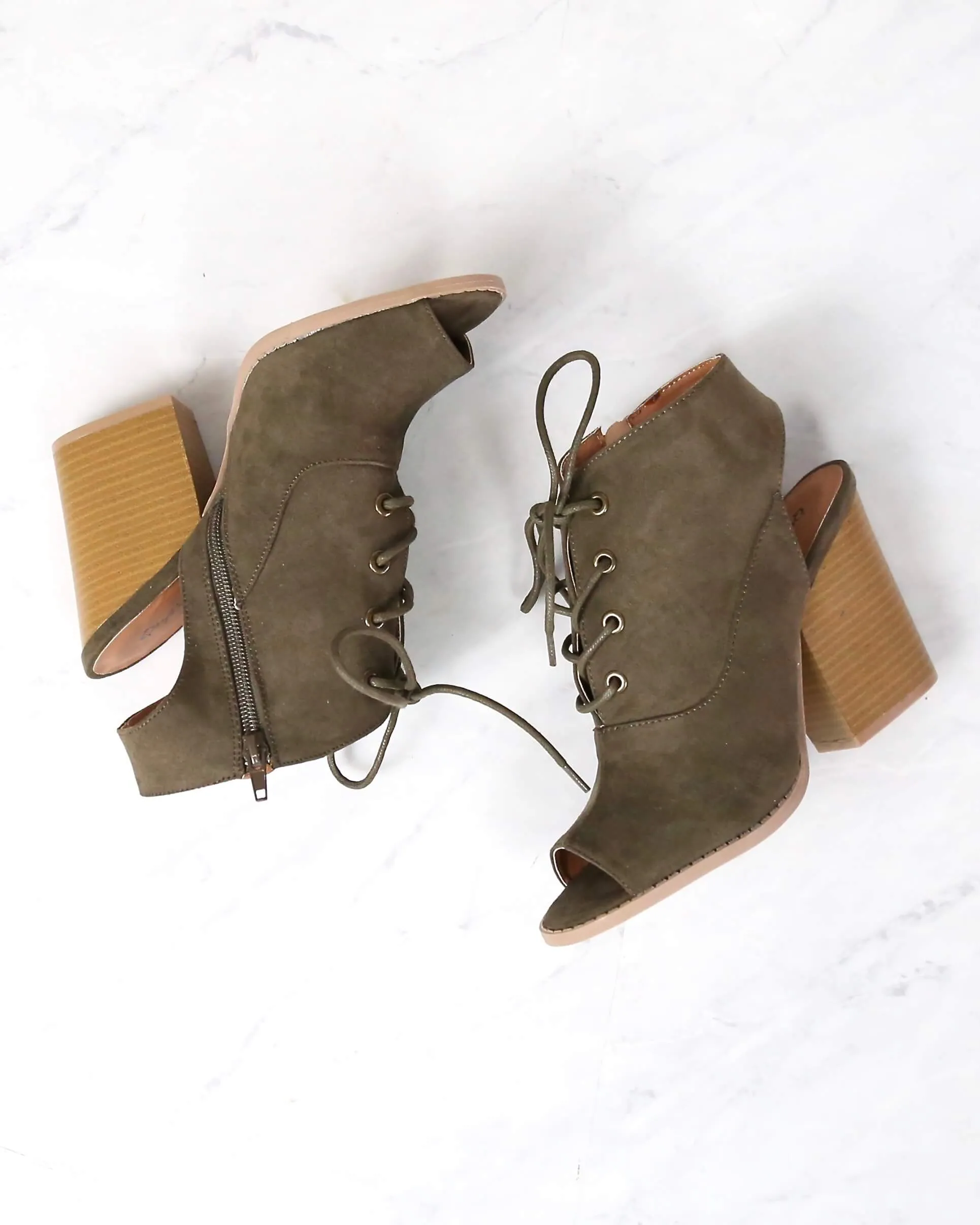 Khaki Adventure Lace Up Peep Toe Suede Booties - Final Sale