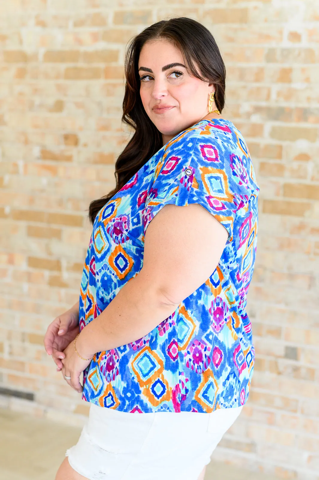 Blue Magenta Ikat Lizzy Cap Sleeve Top