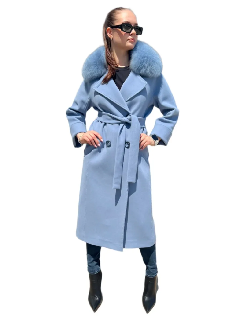 Luxurious Cashmere Wool Coat with Genuine Polar Fox Collar