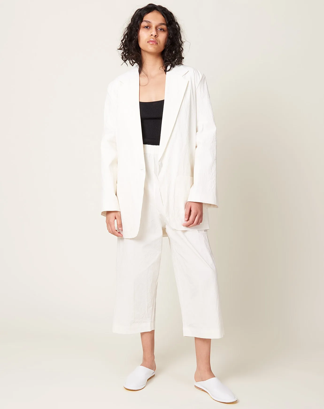 Off White Stretch Crinkle Oversized Boy Blazer