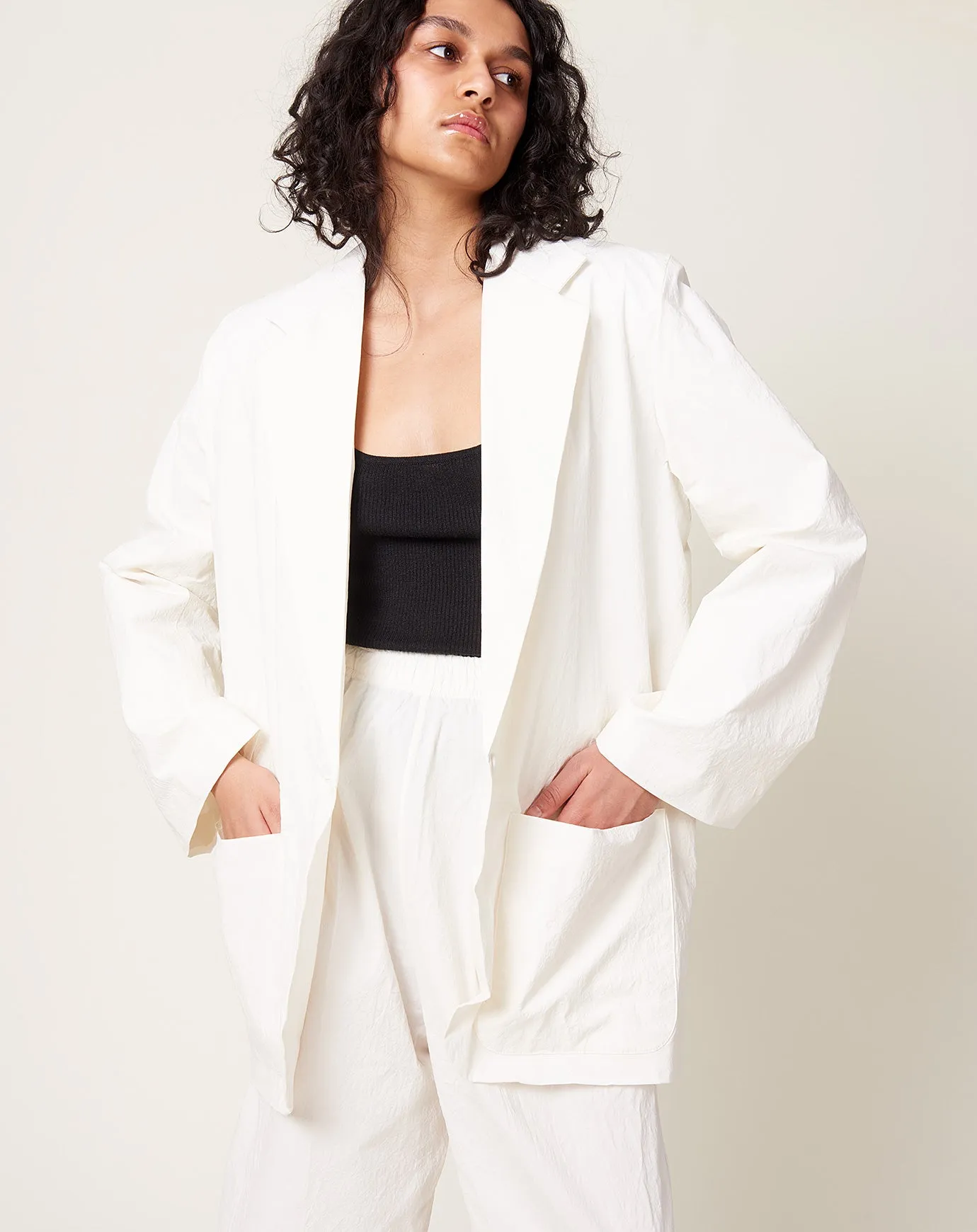 Off White Stretch Crinkle Oversized Boy Blazer