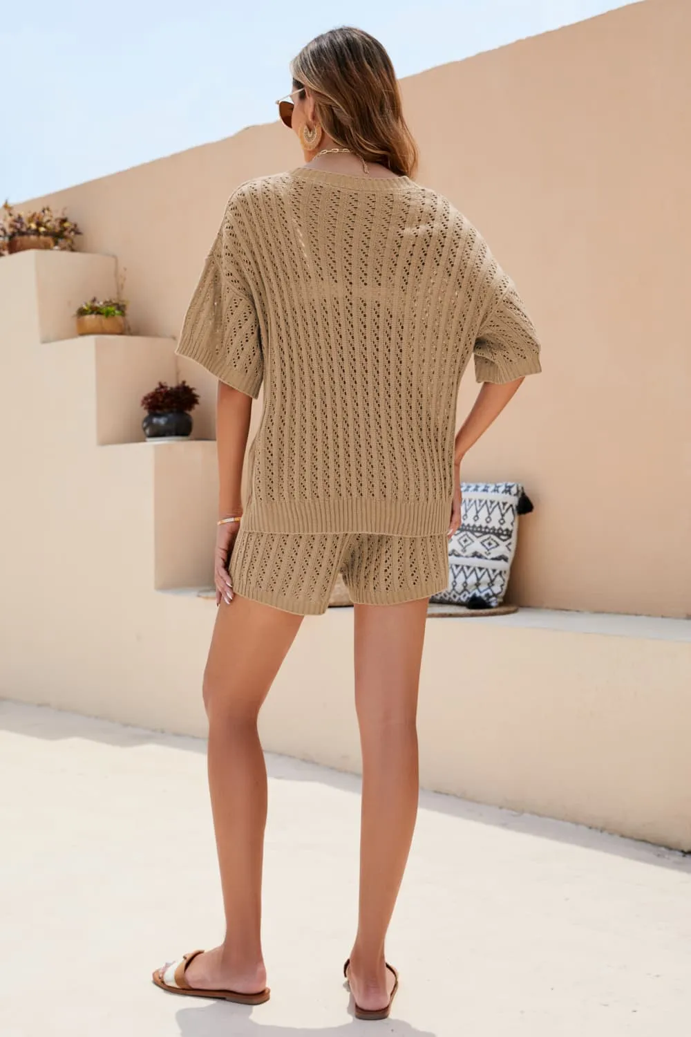 Openwork V-Neck Top and Shorts Matching Set