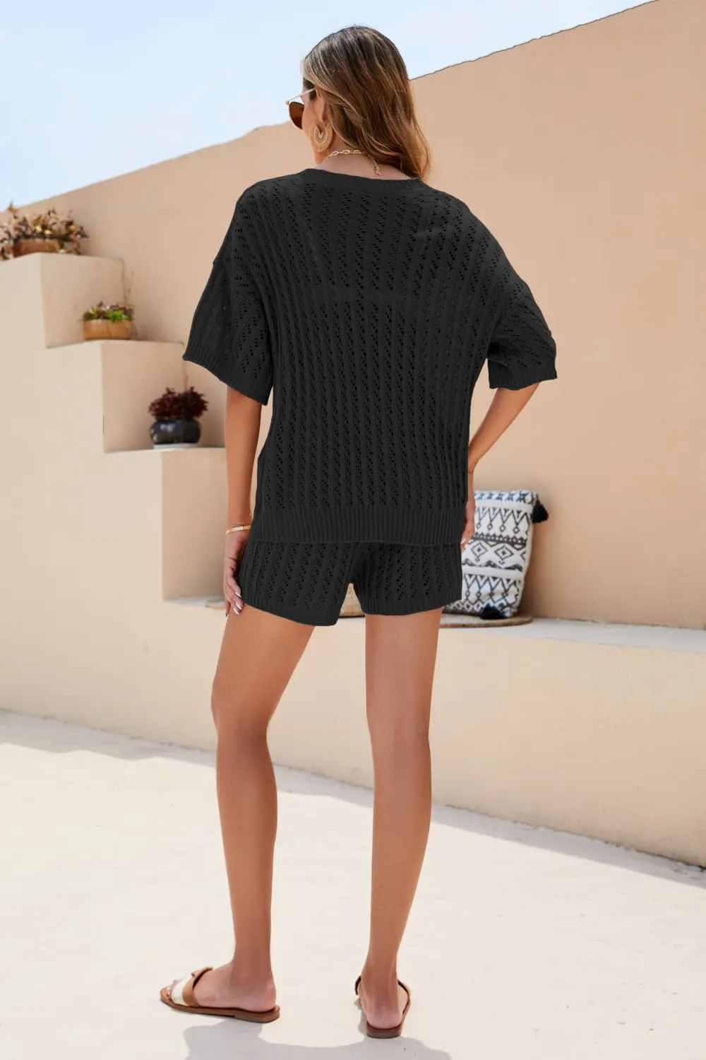 Openwork V-Neck Top and Shorts Matching Set