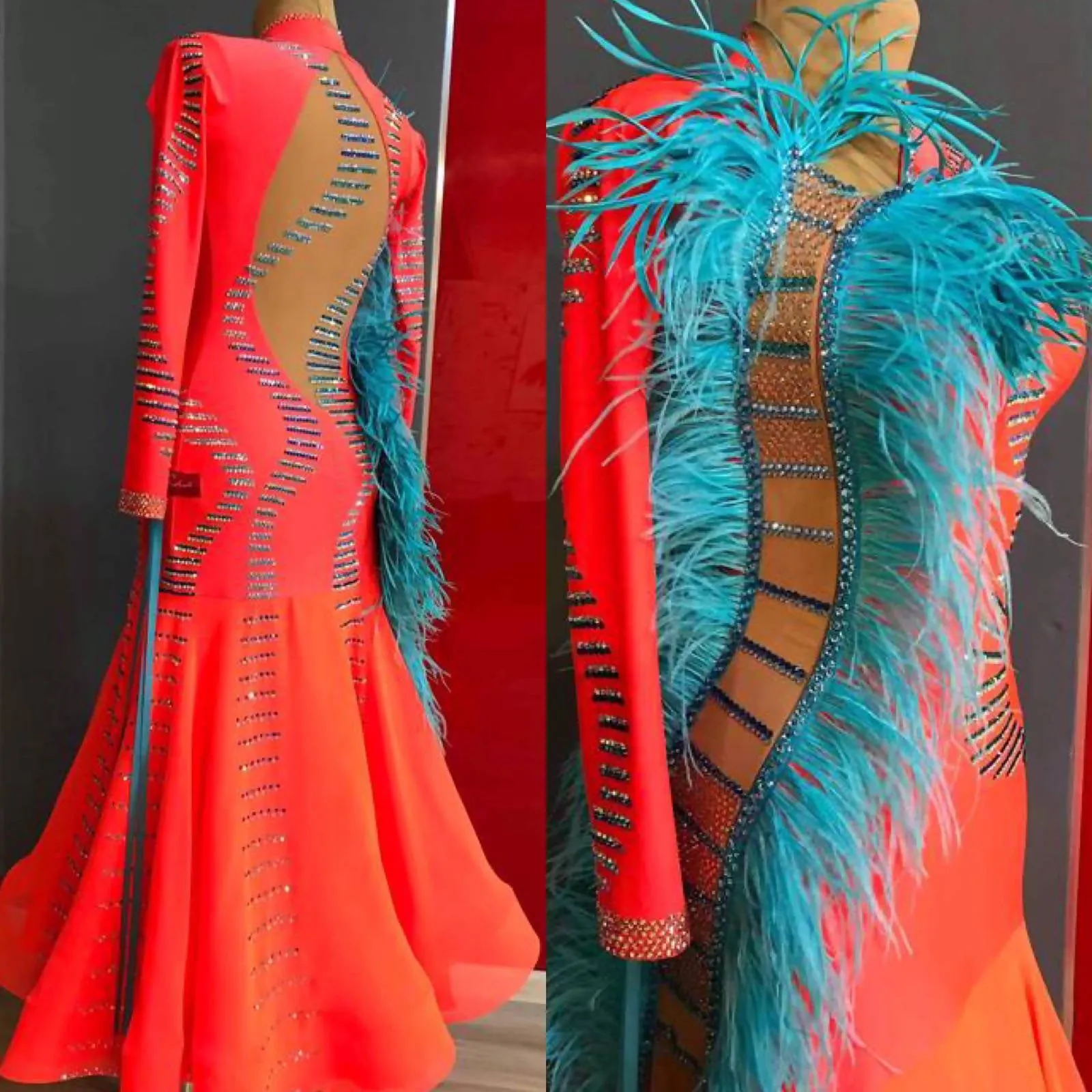 Orange Ballroom Gown Blue Feathers