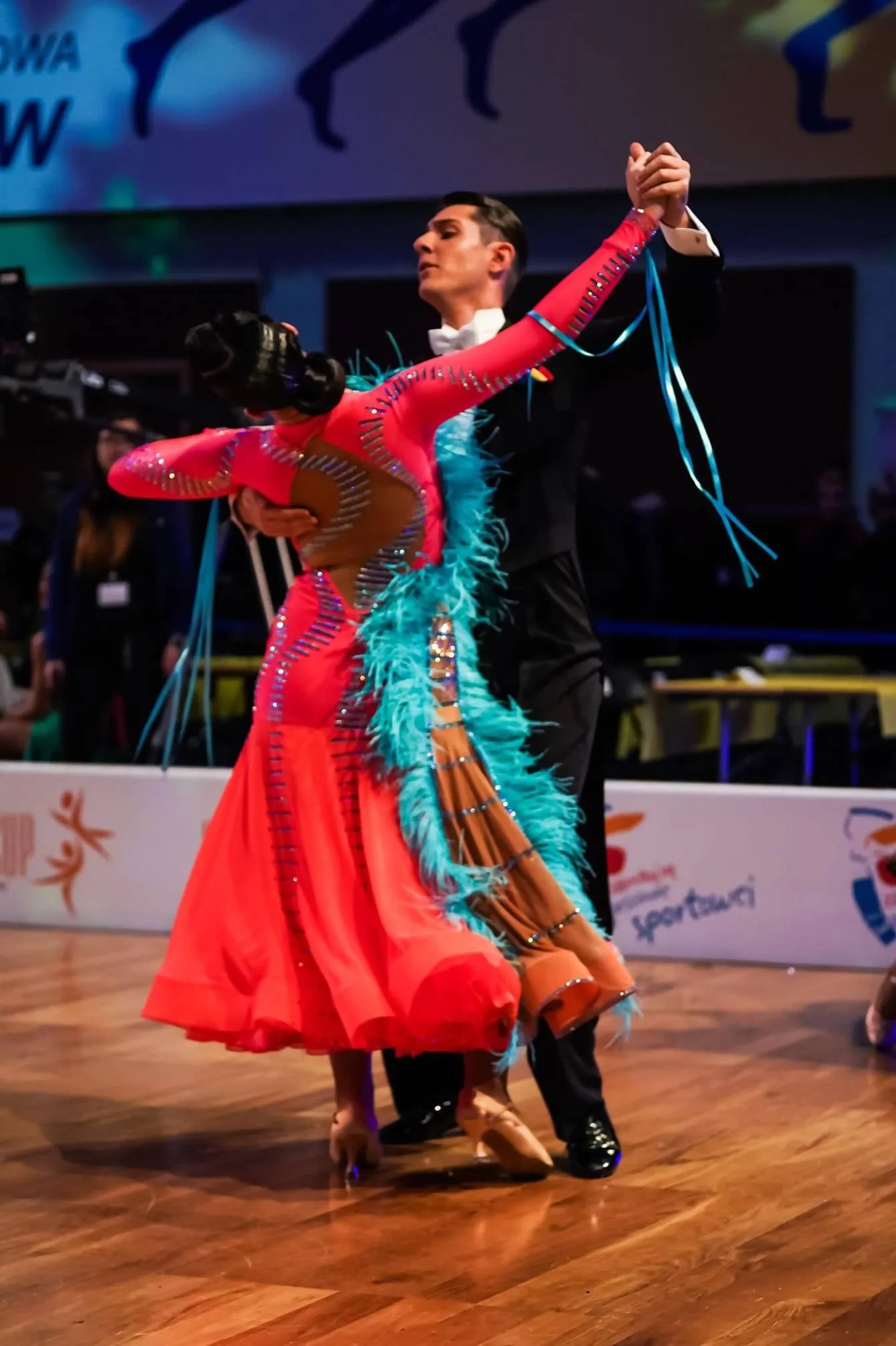 Orange Ballroom Gown Blue Feathers