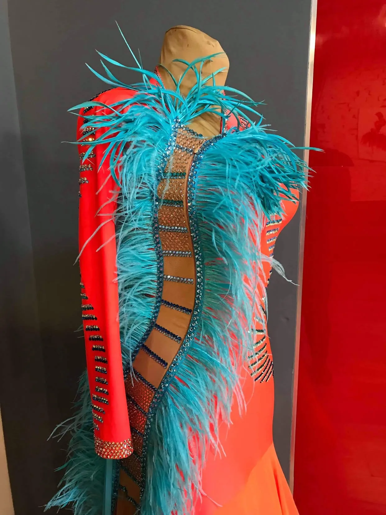 Orange Ballroom Gown Blue Feathers