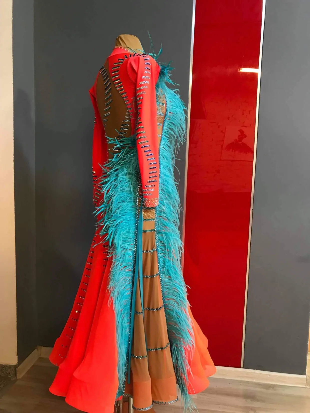 Orange Ballroom Gown Blue Feathers