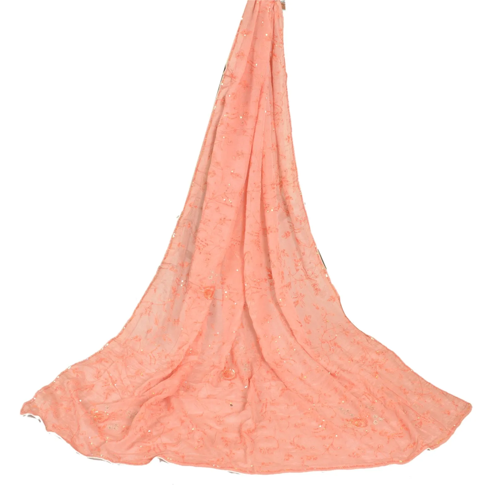 Peach Chiffon Silk Dupatta with Hand Beaded Accents - Sanskriti Vintage