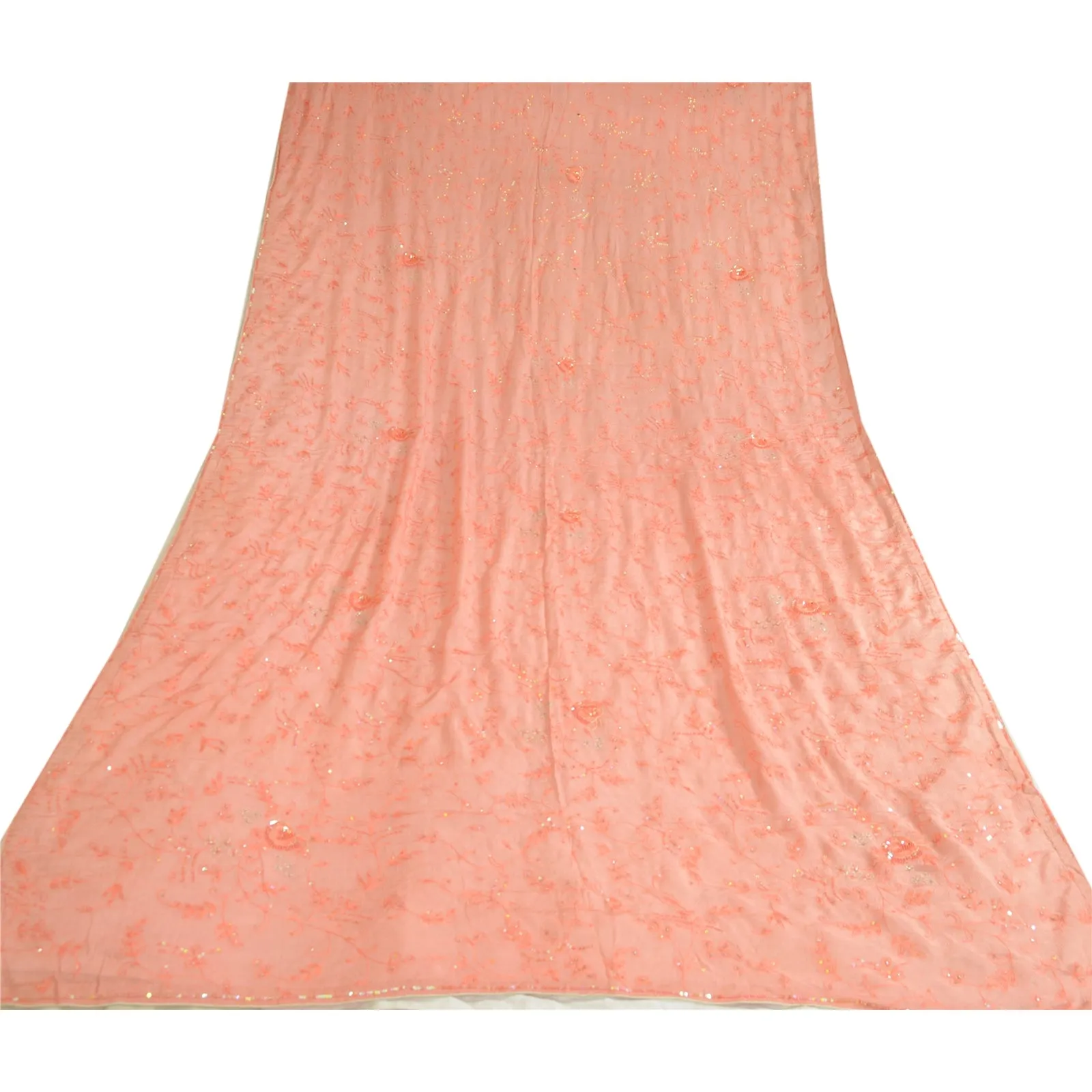 Peach Chiffon Silk Dupatta with Hand Beaded Accents - Sanskriti Vintage