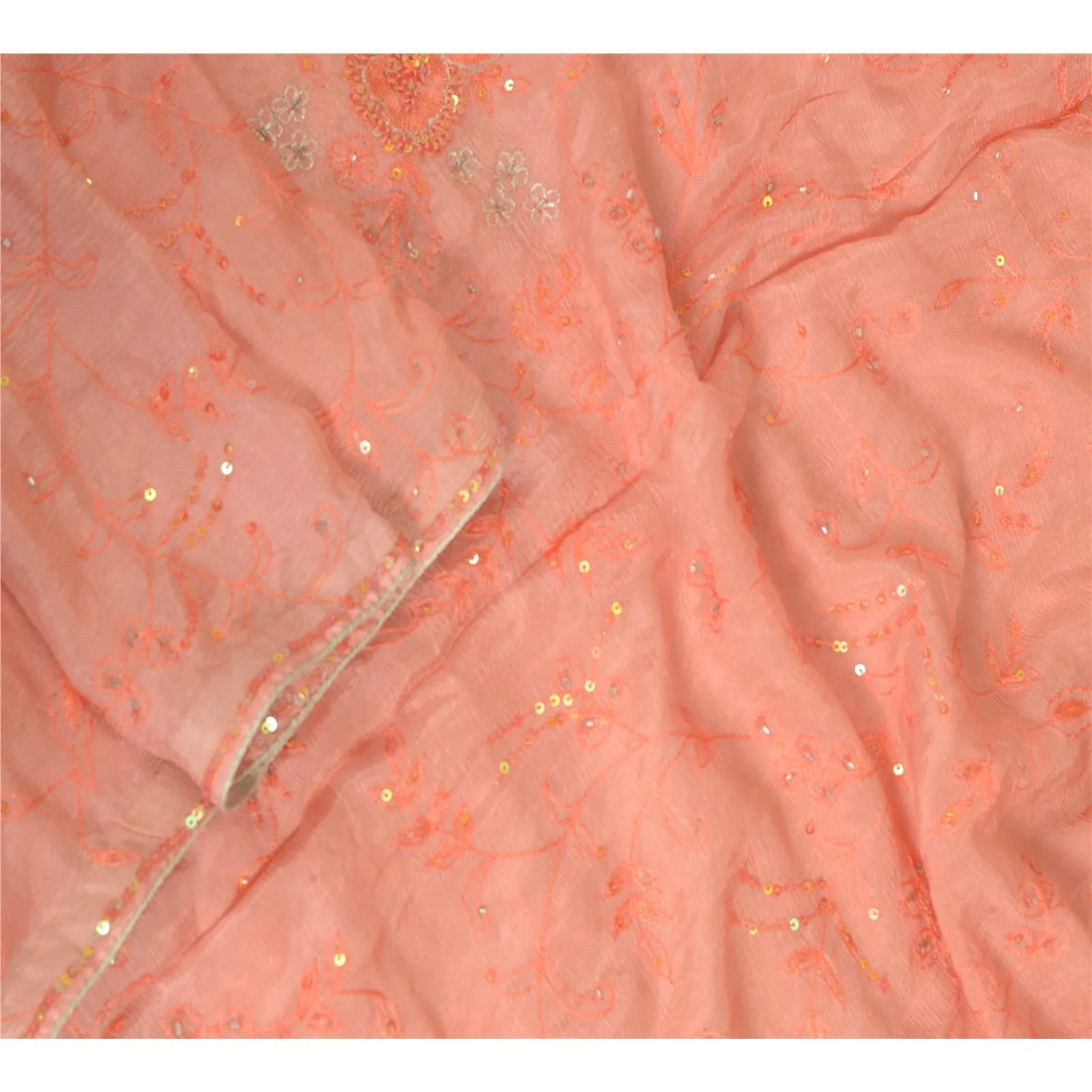 Peach Chiffon Silk Dupatta with Hand Beaded Accents - Sanskriti Vintage