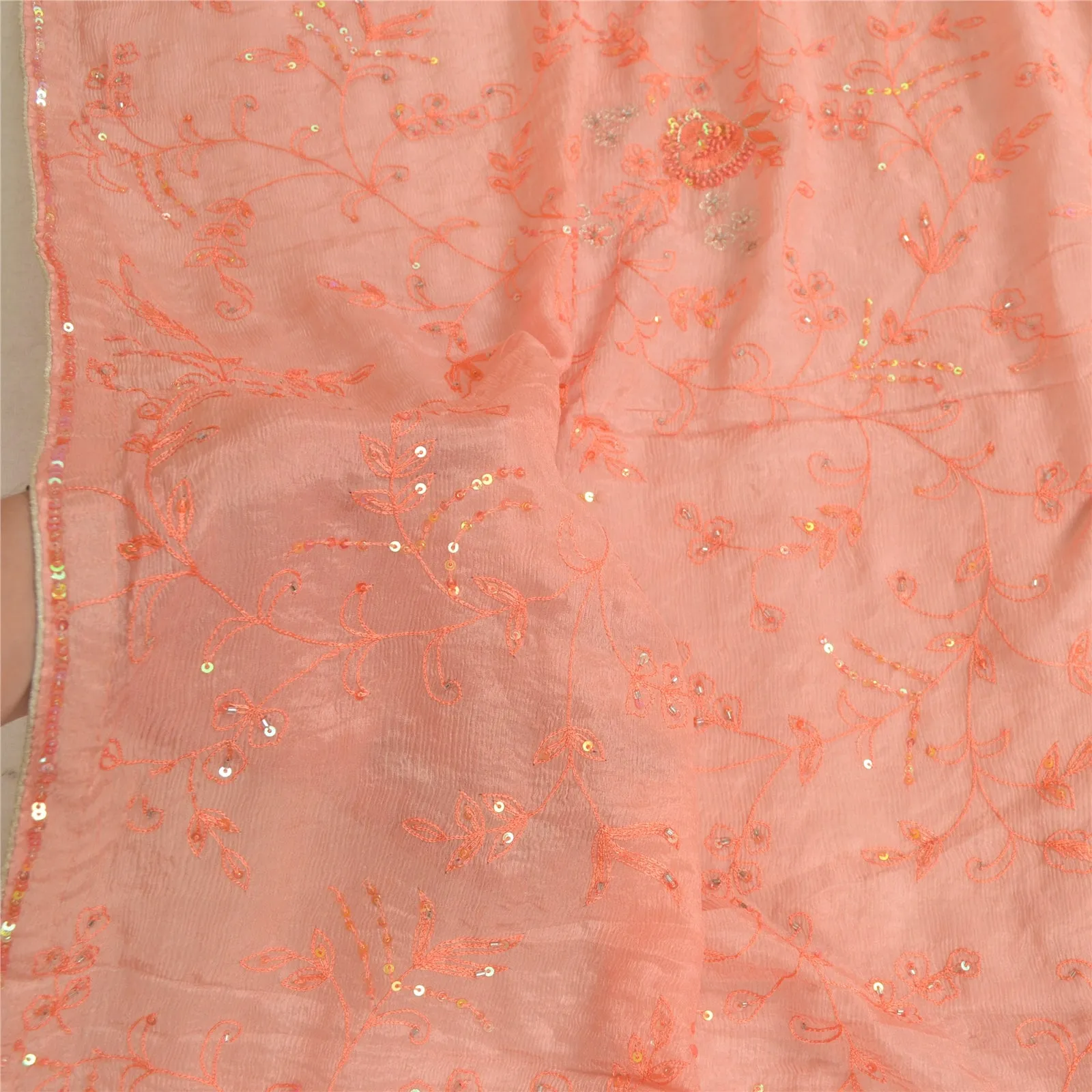 Peach Chiffon Silk Dupatta with Hand Beaded Accents - Sanskriti Vintage