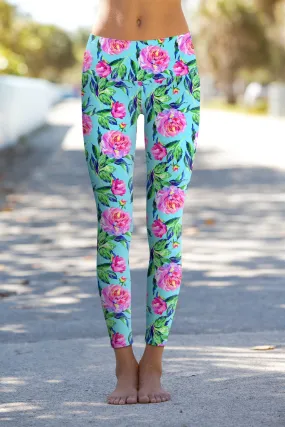 Peony Lucy Blue Floral Yoga Leggings for Women