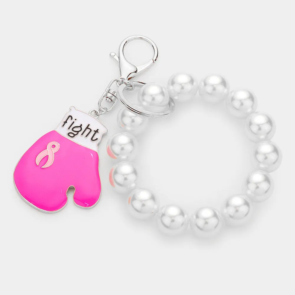 Pink Ribbon Keychain Bracelet for Breast Cancer Awareness with Pearl Stretch Glove Charm