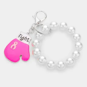 Pink Ribbon Keychain Bracelet for Breast Cancer Awareness with Pearl Stretch Glove Charm