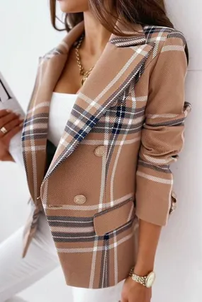 Plaid Striped Patchwork Button Jacket with Turn-down Collar