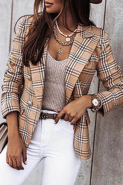 Plaid Striped Patchwork Button Jacket with Turn-down Collar