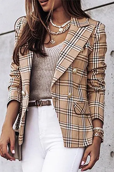 Plaid Striped Patchwork Button Jacket with Turn-down Collar