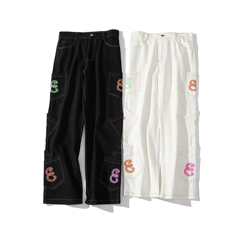 Retro Letter Print Streetwear Straight Leg Jeans for Men and Women