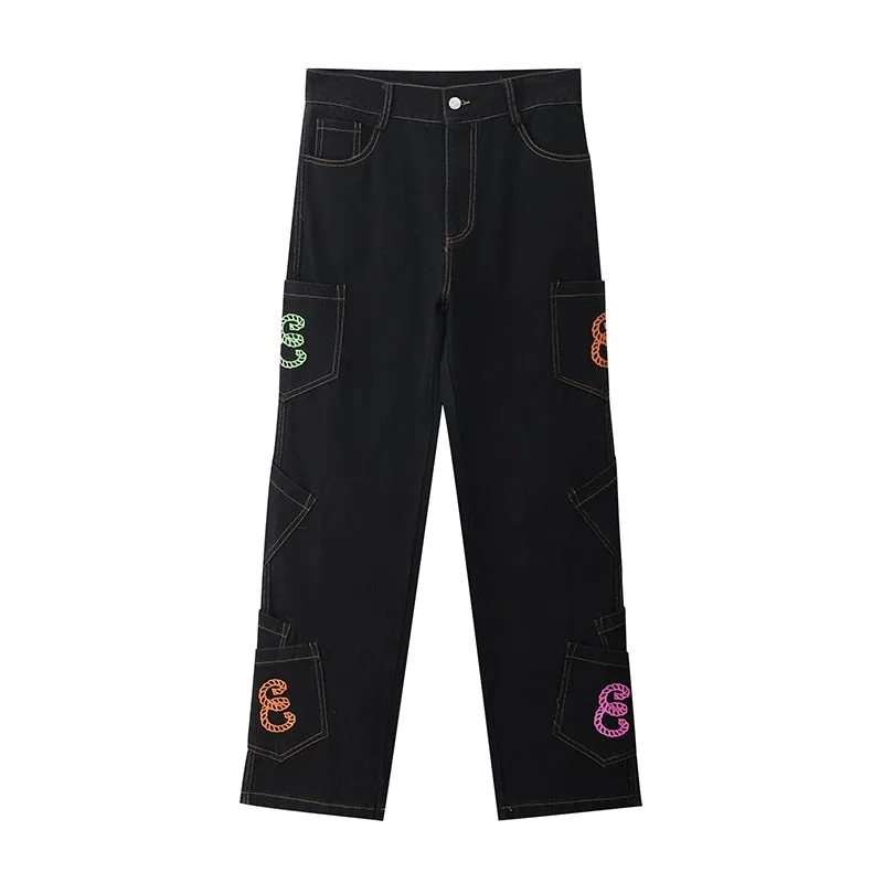 Retro Letter Print Streetwear Straight Leg Jeans for Men and Women