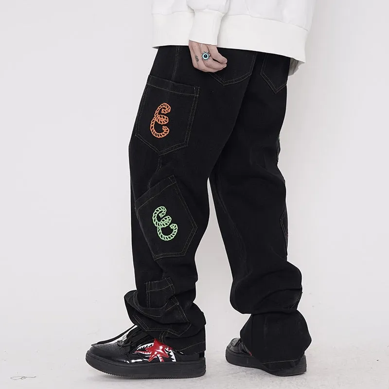 Retro Letter Print Streetwear Straight Leg Jeans for Men and Women