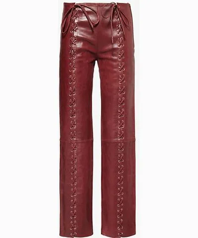 Saks Potts Womens Burgundy Christina Lace-Up Straight-Leg Leather Trousers