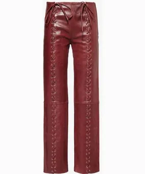 Saks Potts Womens Burgundy Christina Lace-Up Straight-Leg Leather Trousers