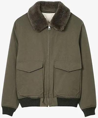 Sandro Mens Verts Shearling-collar cotton aviator jacket