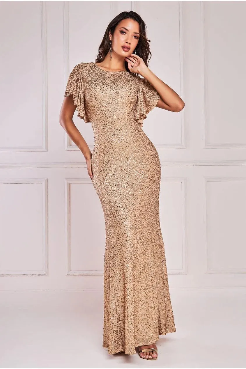 Sequin Flutter Sleeve Maxi Dress by Goddiva