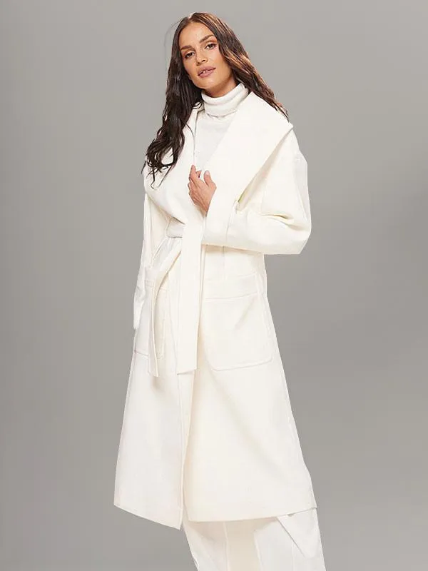 Stylish Oversized White Winter Overcoat with Belted Lapel - Longline Outerwear