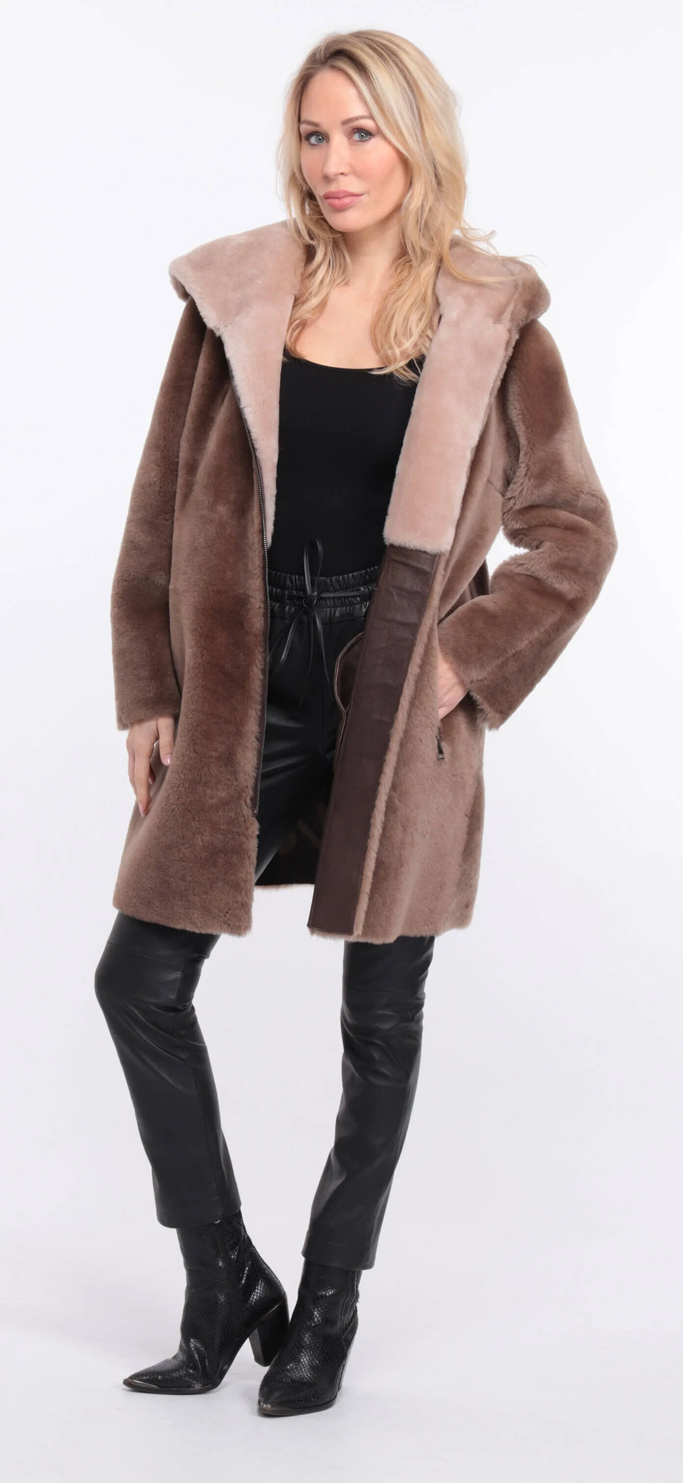 Taupe Sheepskin Coat for Women - Valere