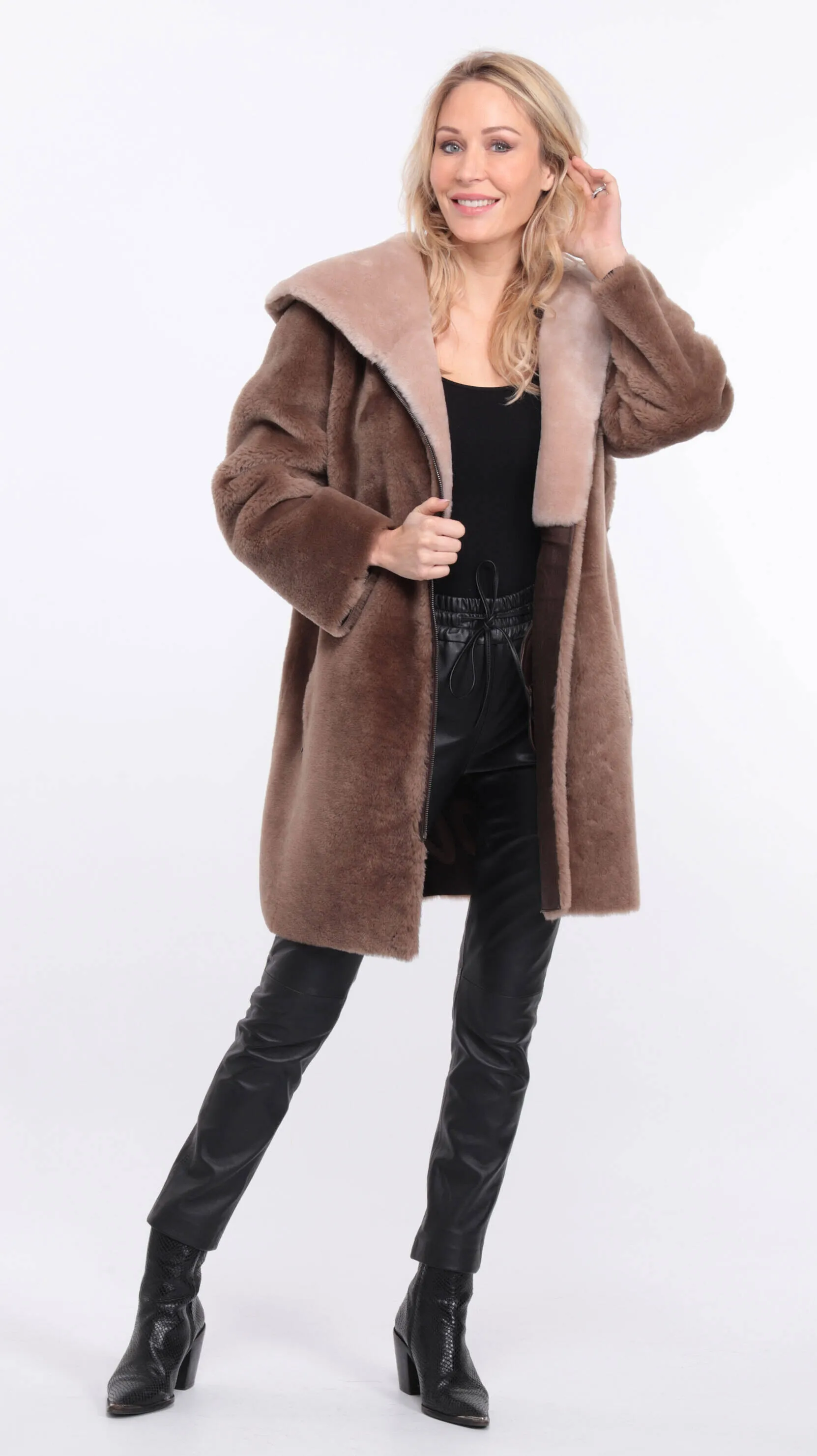 Taupe Sheepskin Coat for Women - Valere