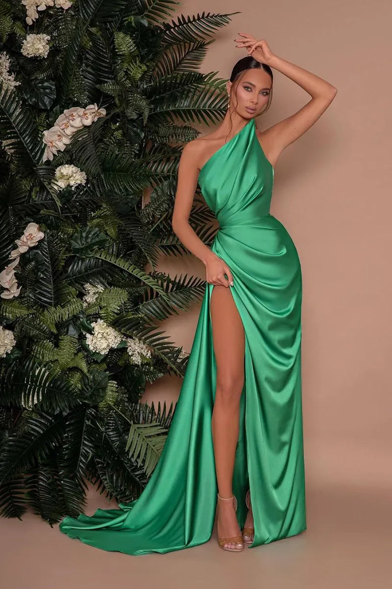 Unique Satin Green Bridesmaid Dress with Slit QB3082