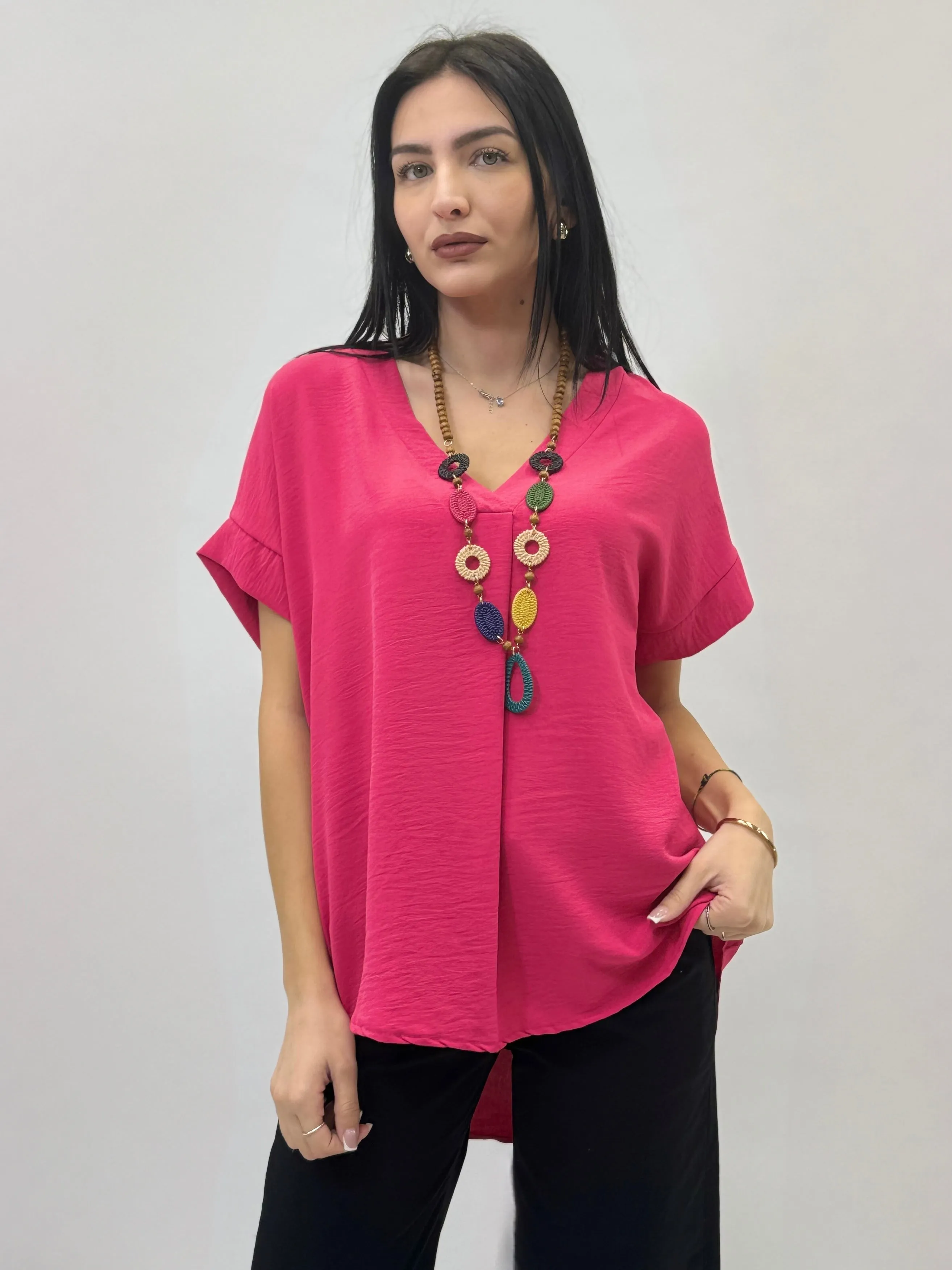 V-neck Half Sleeve Top with Necklace.