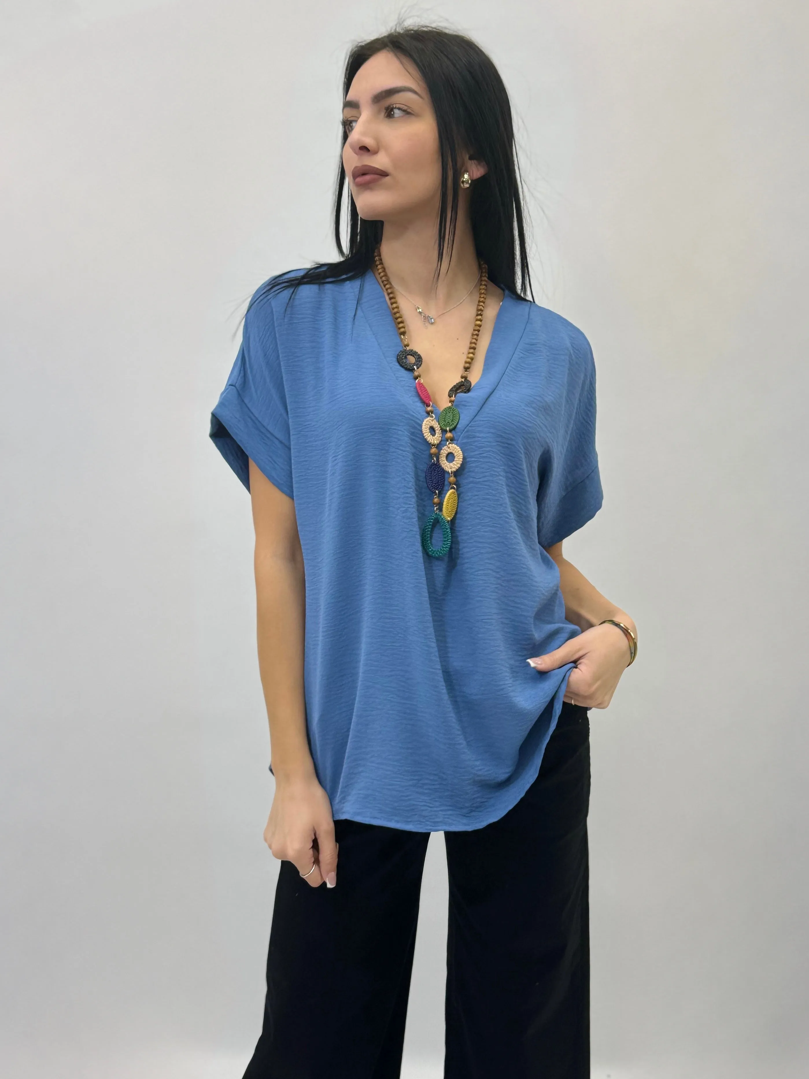 V-neck Half Sleeve Top with Necklace.