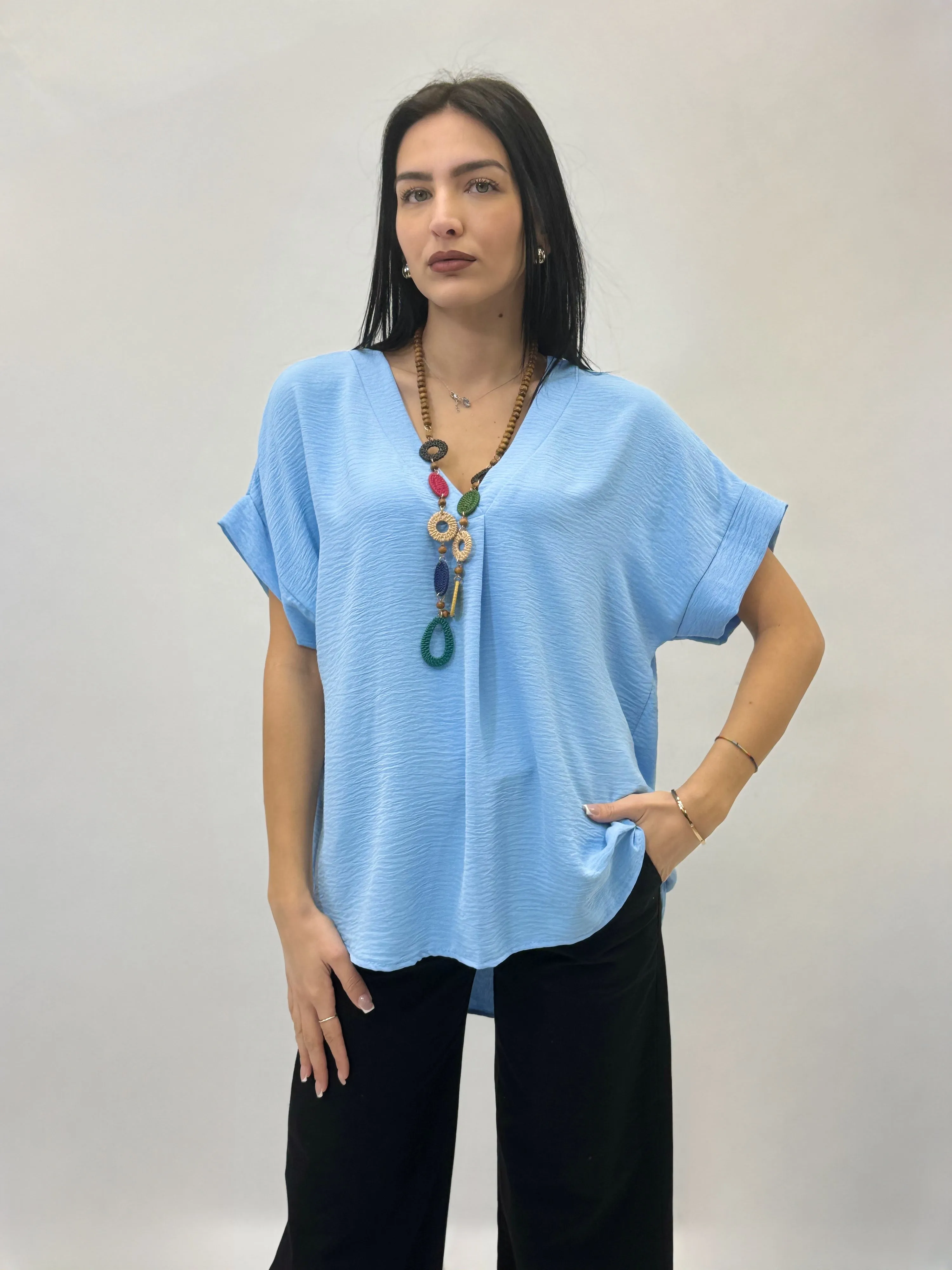 V-neck Half Sleeve Top with Necklace.