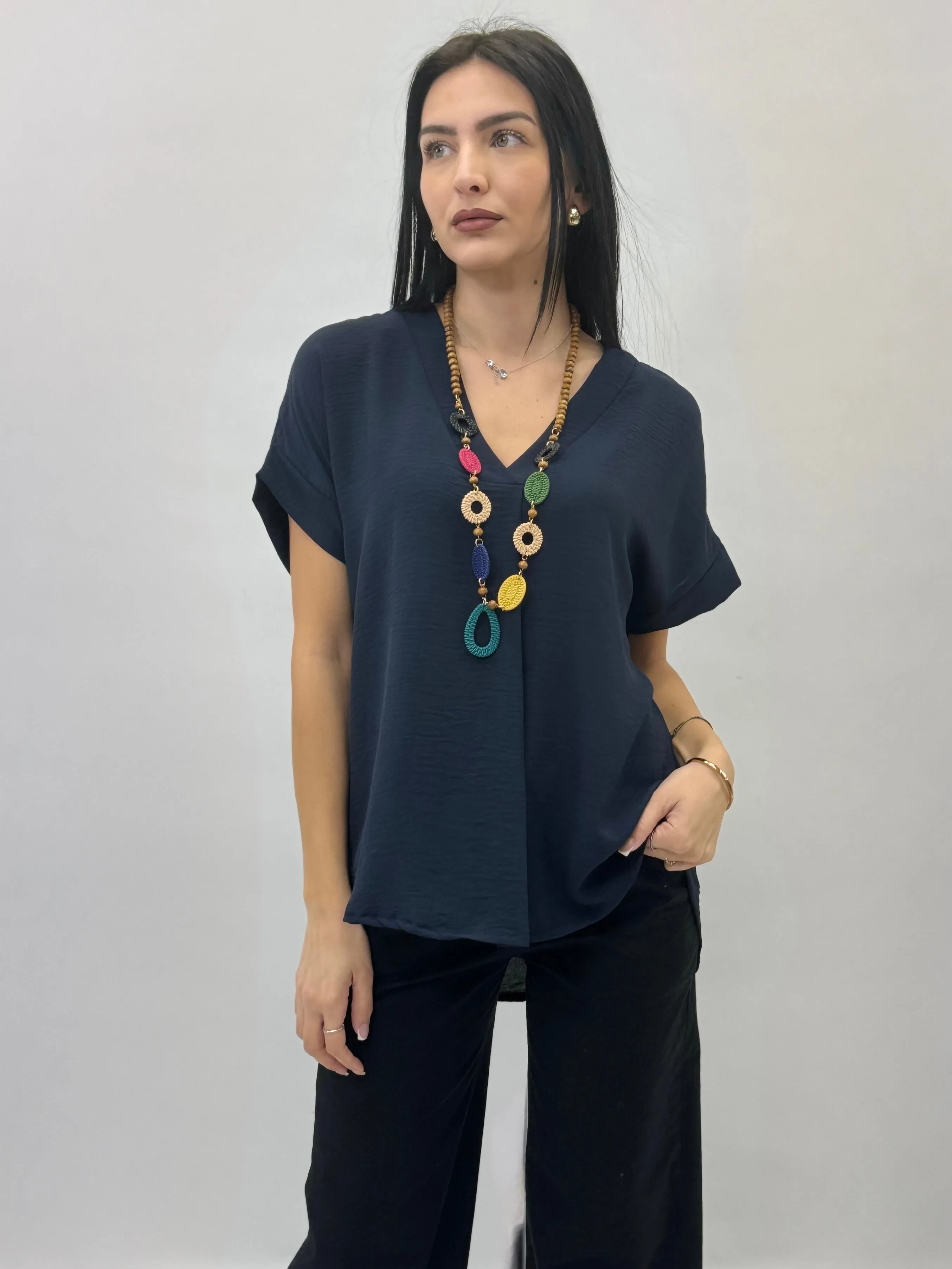 V-neck Half Sleeve Top with Necklace.