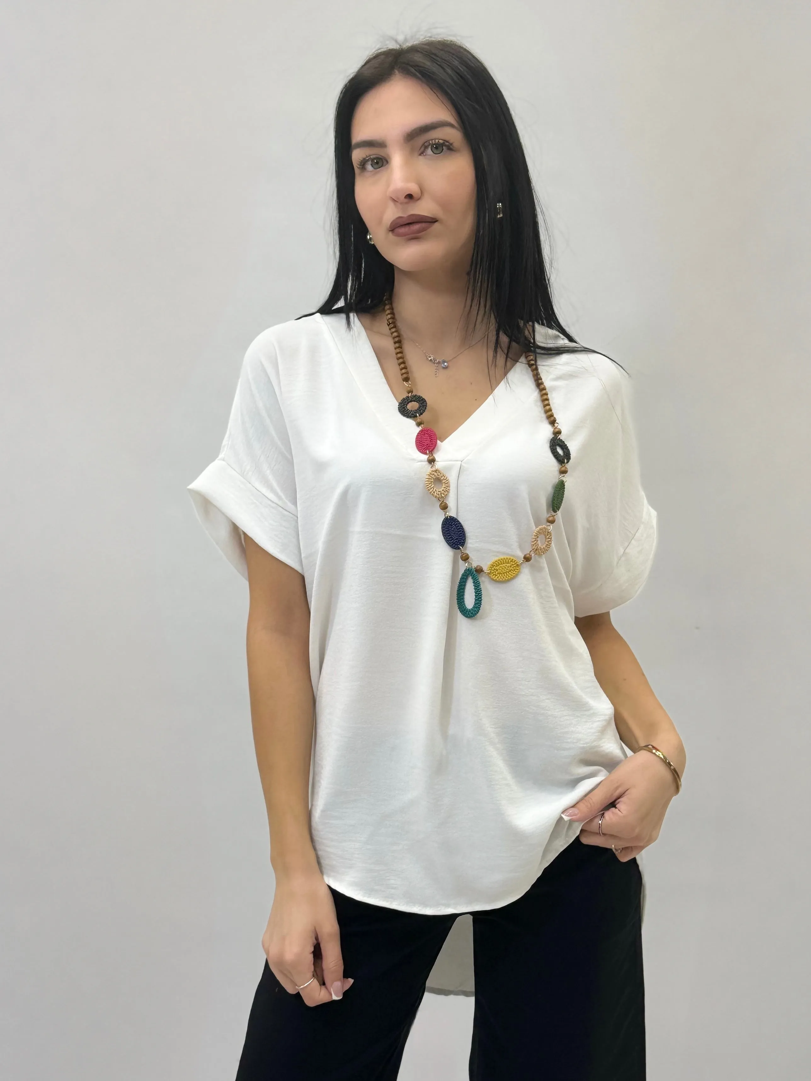 V-neck Half Sleeve Top with Necklace.