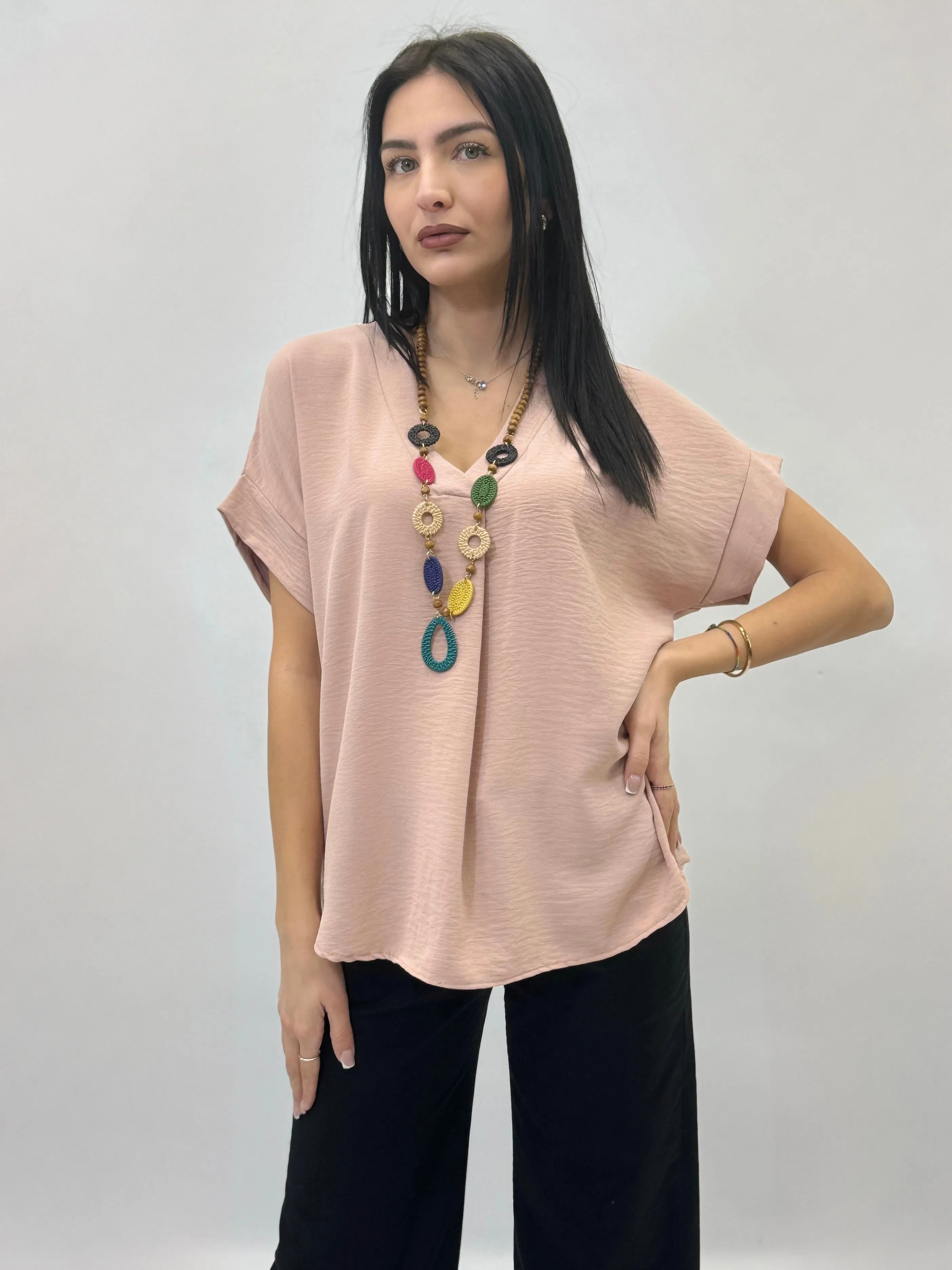 V-neck Half Sleeve Top with Necklace.