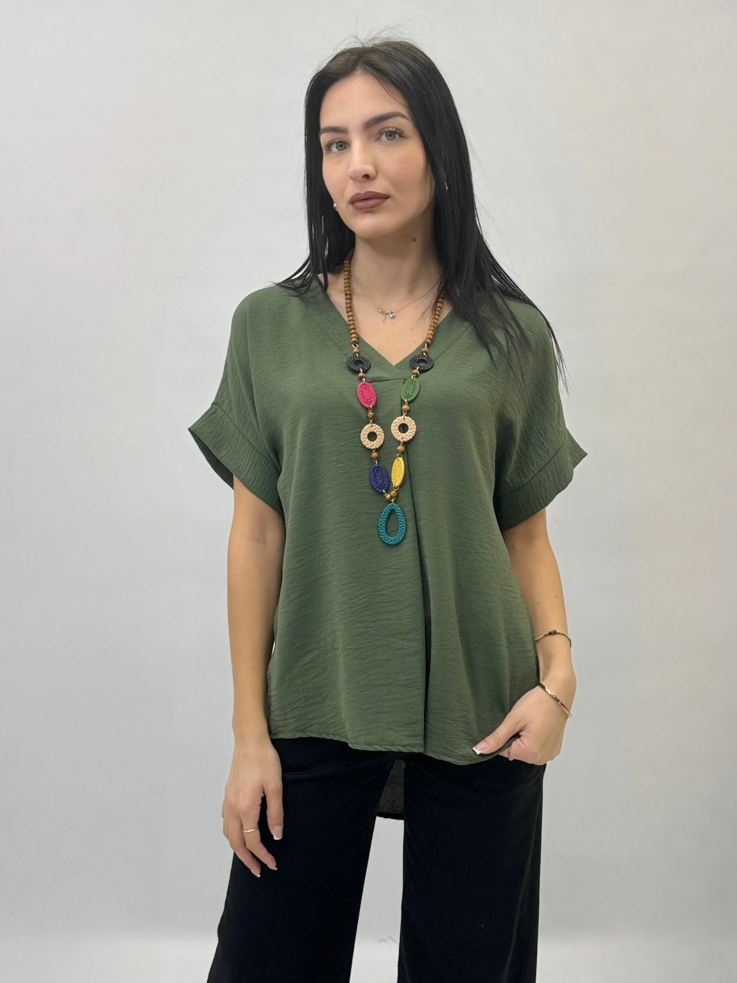 V-neck Half Sleeve Top with Necklace.