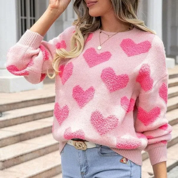 Valentine's Day Pink Knit Sweater with Fuzzy Heart