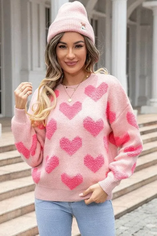 Valentine's Day Pink Knit Sweater with Fuzzy Heart