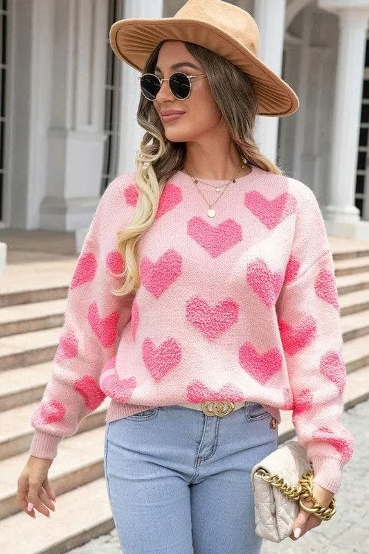 Valentine's Day Pink Knit Sweater with Fuzzy Heart