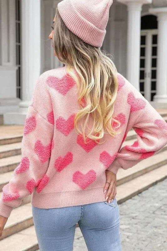 Valentine's Day Pink Knit Sweater with Fuzzy Heart