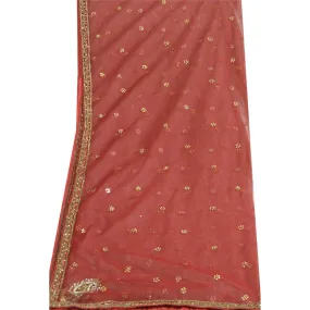 Vintage Dark Red Long Dupatta Hand Beaded Scarf Mesh Veil - Sanskriti