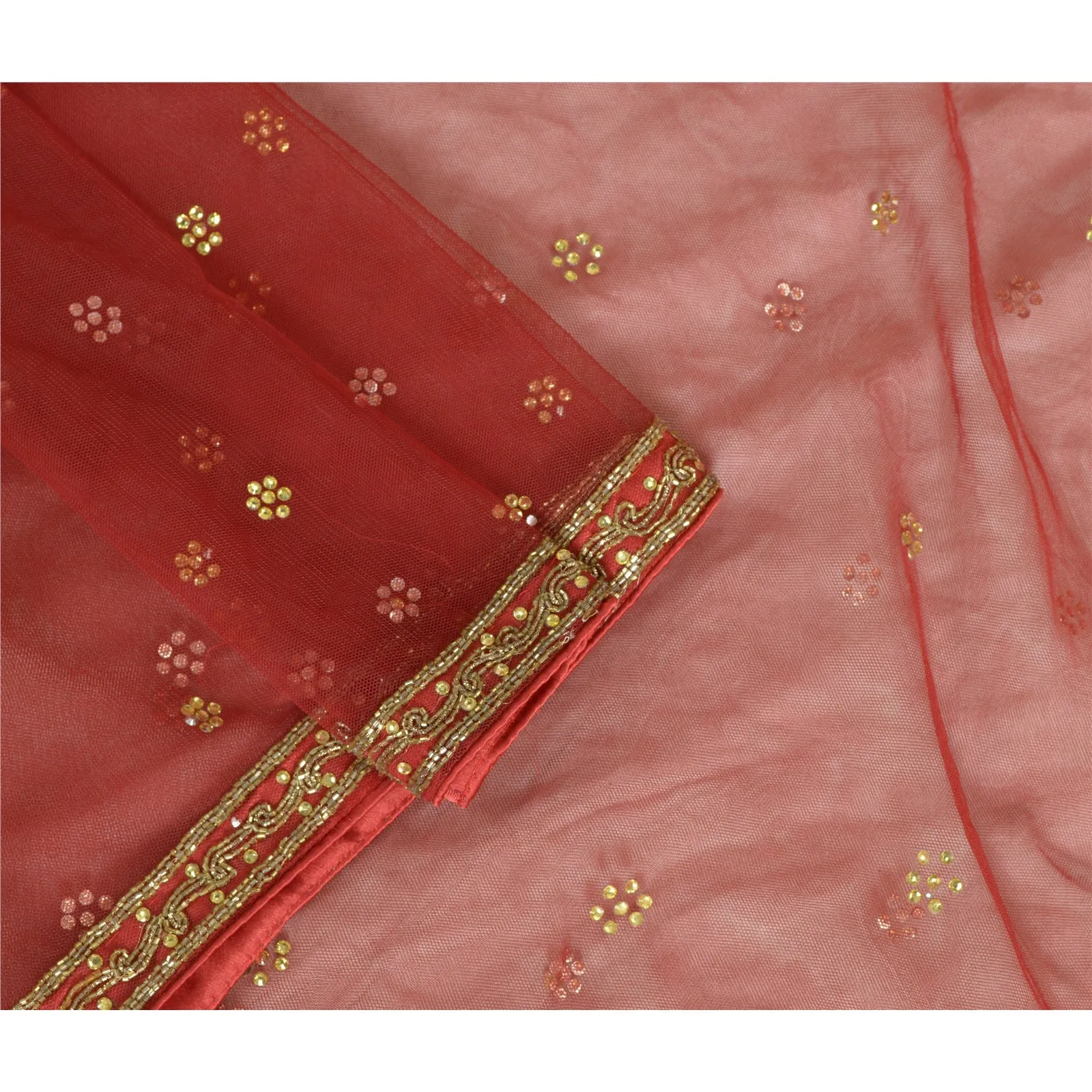 Vintage Dark Red Long Dupatta Hand Beaded Scarf Mesh Veil - Sanskriti