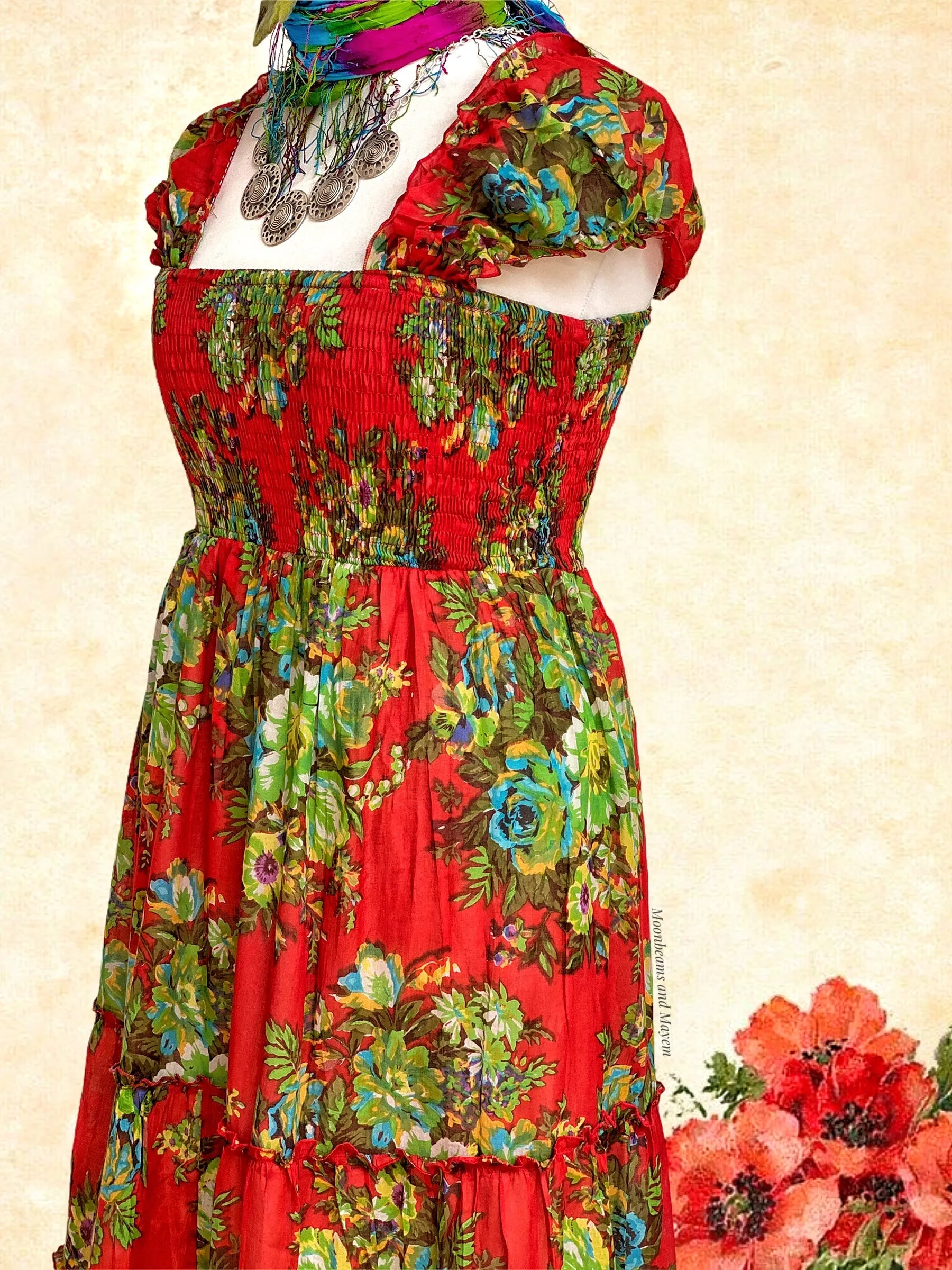 Red Summer Meadow Maxi Dress in UK Sizes 10-16